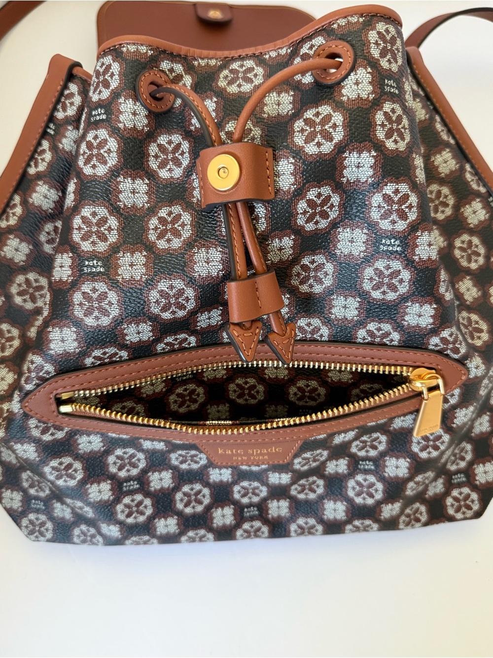 Kate Spade Flower Monogram Medium Backpack Brown Travel Bag - Picture 6 of 14